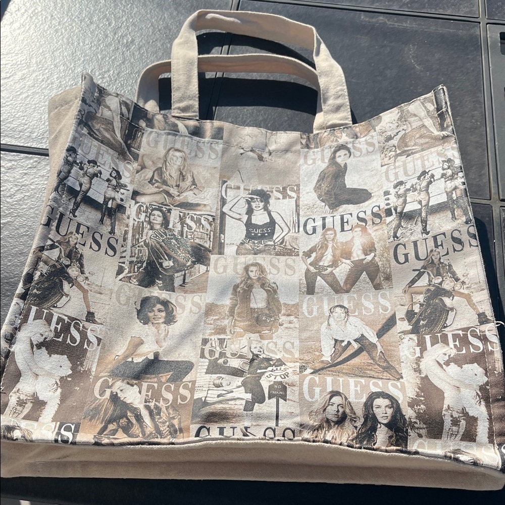 GUESS Beige and Brown Photo-Print Canvas Tote